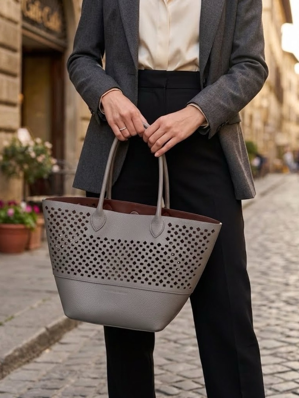 New! Sophie Anderson Leather Tote Brenna Laser-Cut Textured Gray Designer Bag